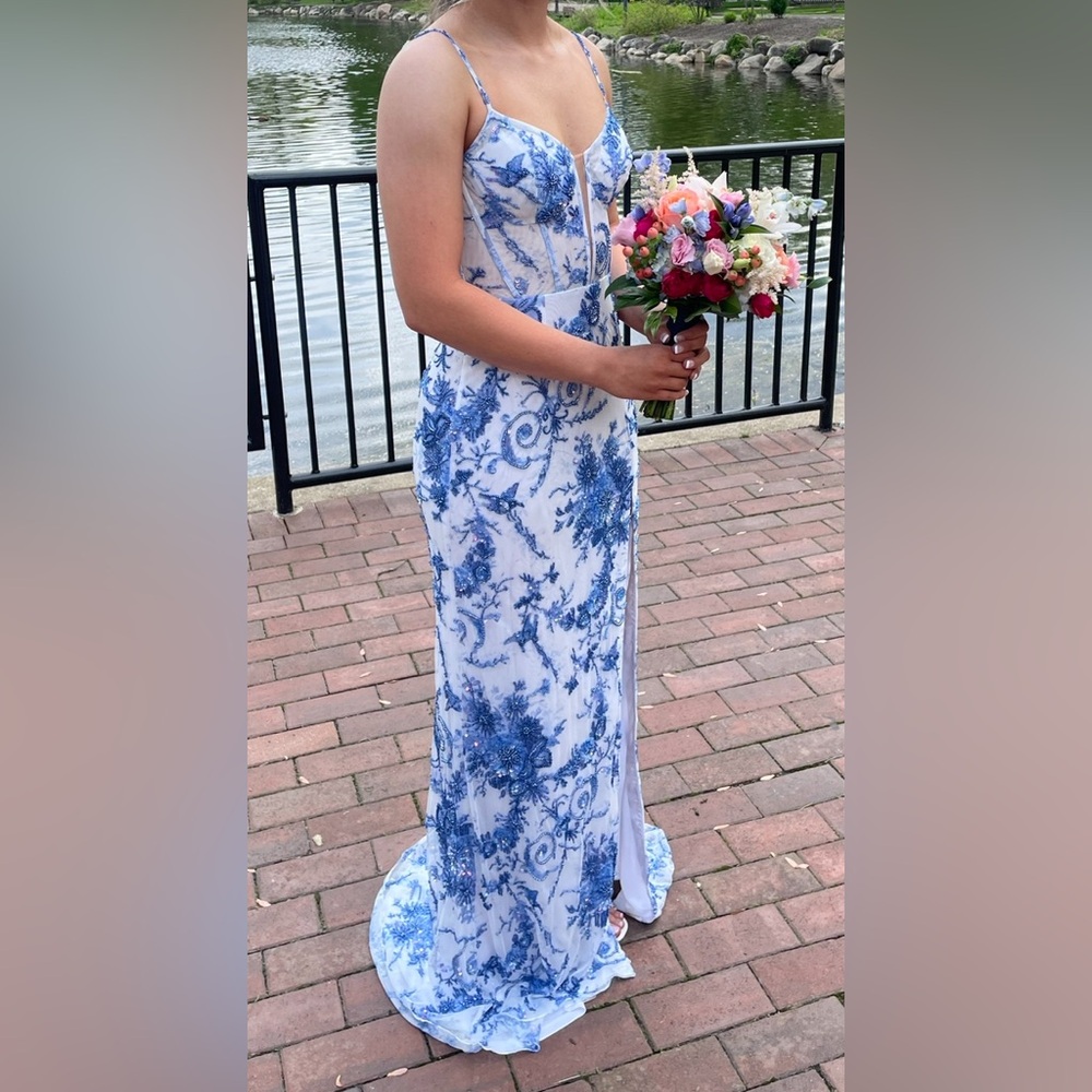 Sherri Hill Blue and White Sleeveless Gown